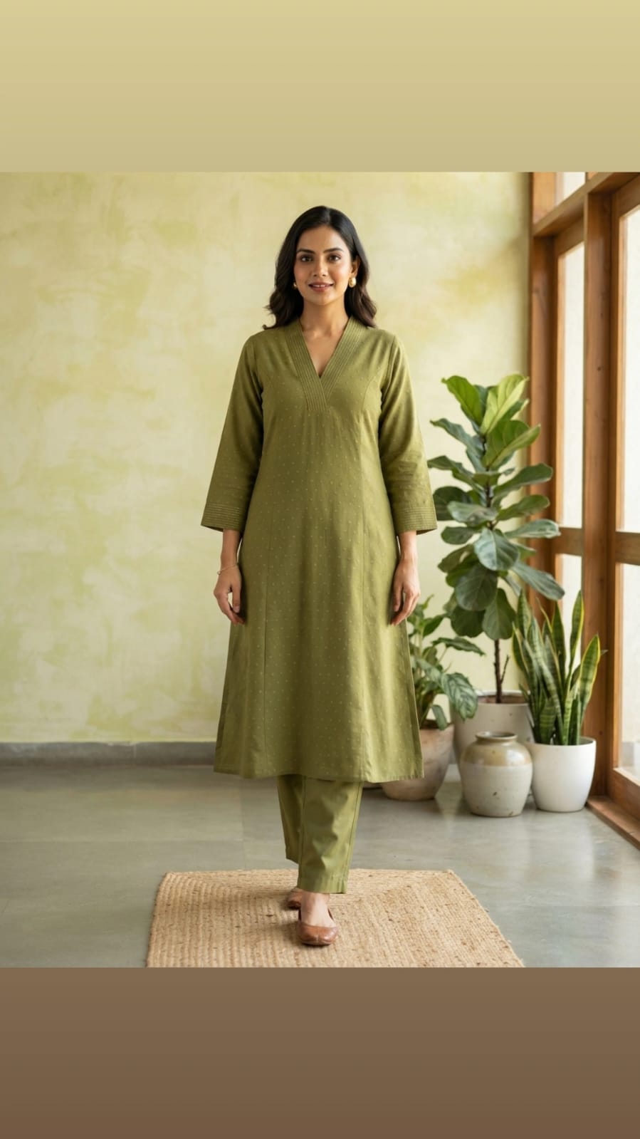 Olive Green V-Neck Kurta Set
